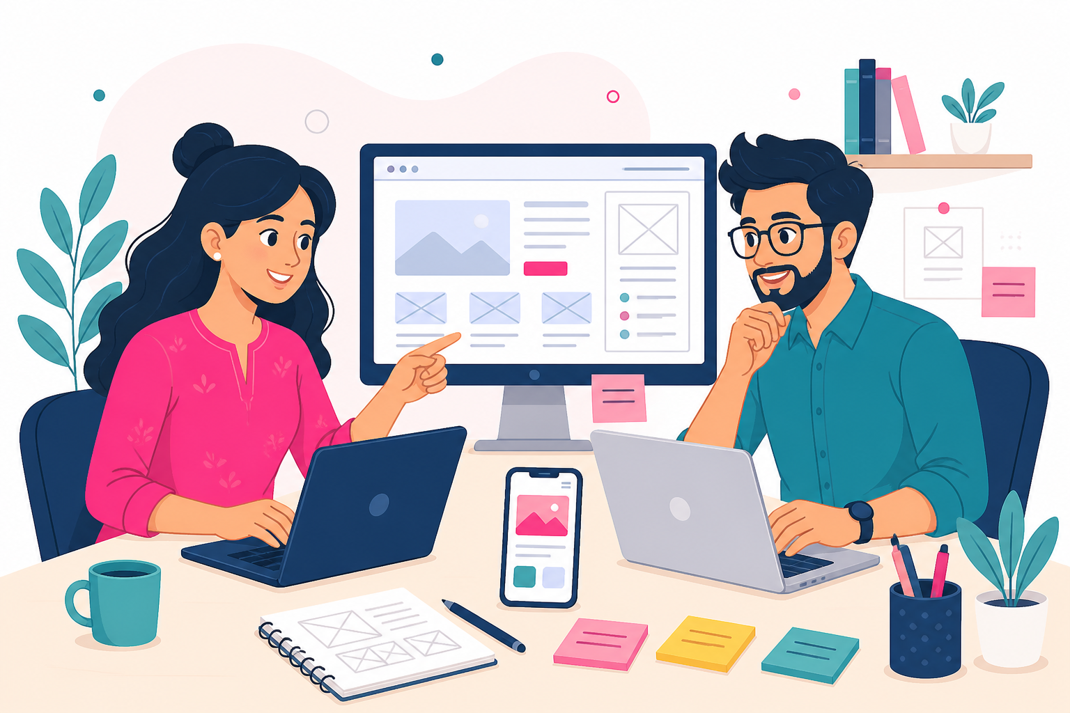 Cartoon illustration of the FSMIA team designing websites and apps