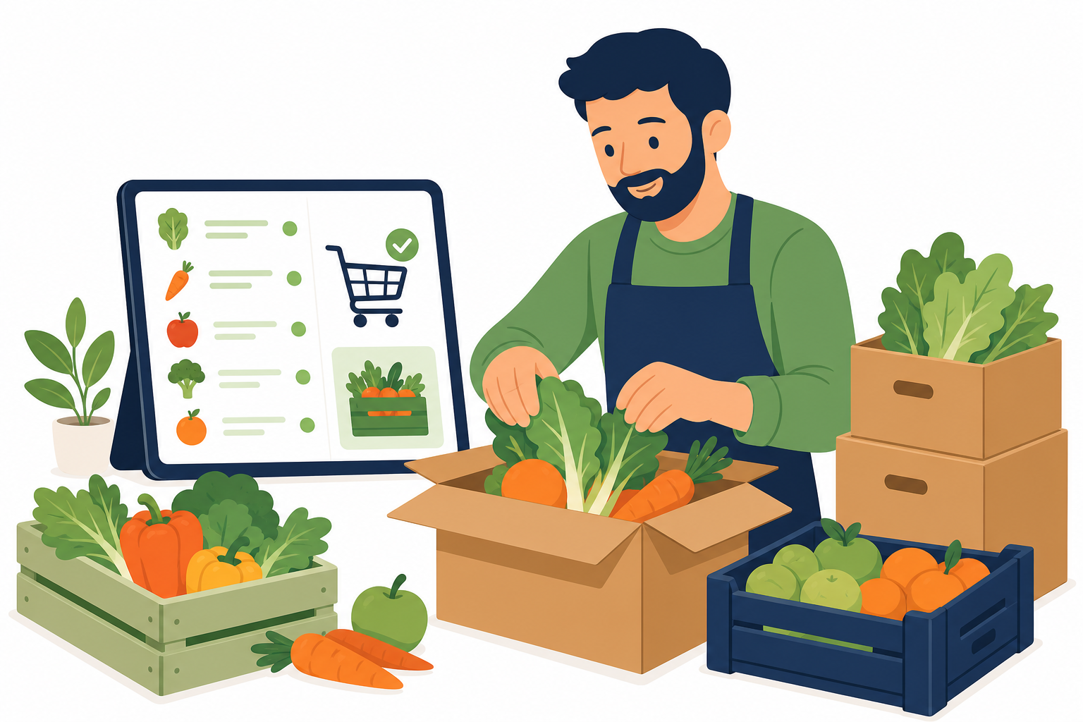 Cartoon of grocery orders and packing